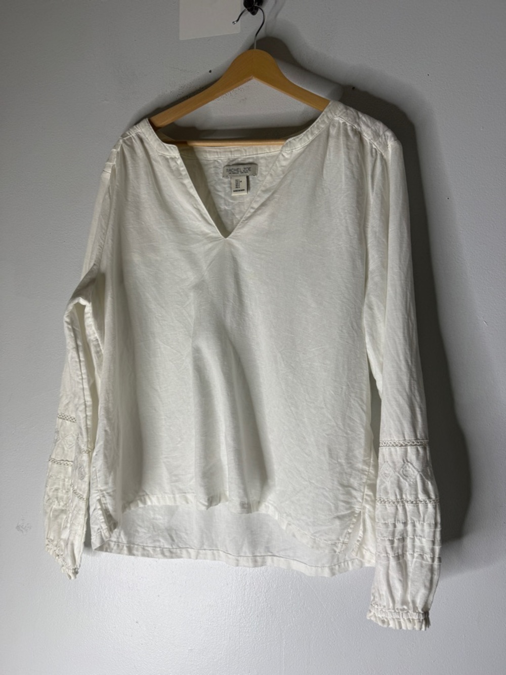 rachel zoe White V Neck‎ Linen Embroidered Balloon Sleeve Top Large Boho